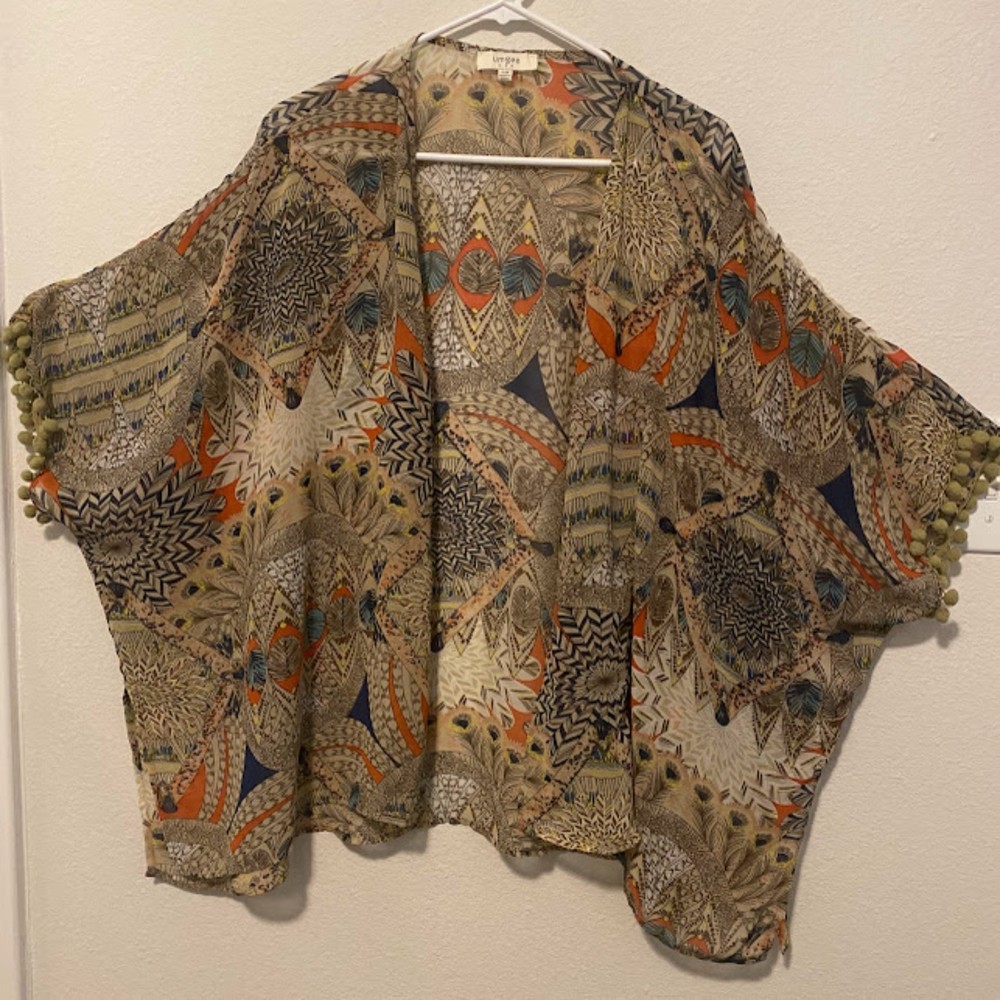 Umgee Chiffon Floral Open Cardigan Short Sleeve with Tassels S/M